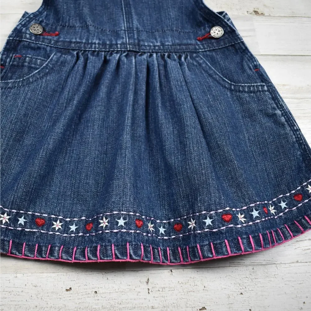 OshKosh 12 MO Baby Girl Blue Denim Jean Overall Dress Embroidered Flowers Hearts